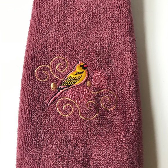 Vintage Oriole Bird Tea Towel Embroidered Hand Kitchen Bath Yellow Burgundy - Picture 5 of 14
